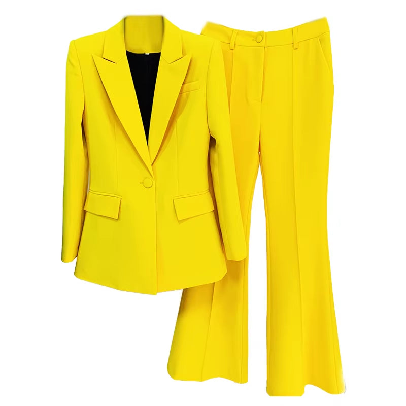 Office Ladies Pantsuit Women Yellow Purple Business Classic Single Buttons Flared Pants Blazer + Pants Two Piece Set Formal Suit