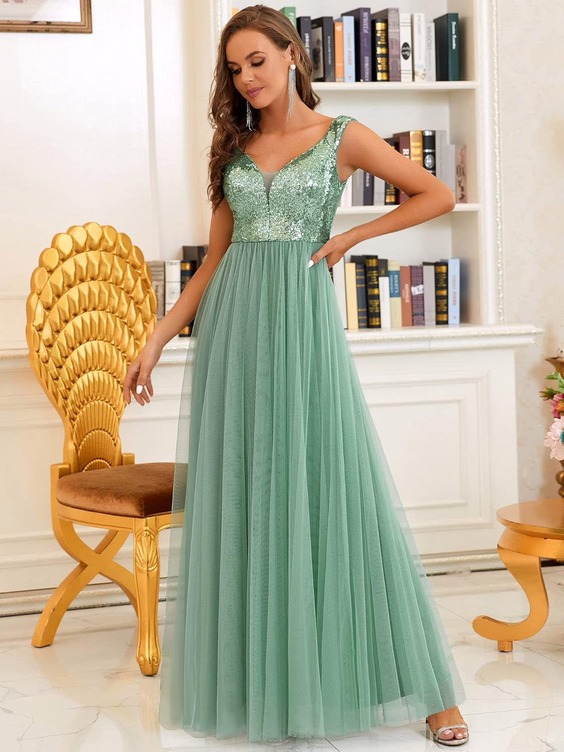 Womens V Neck A-Line Maxi Mother of the Groom Dress Mild Green US14