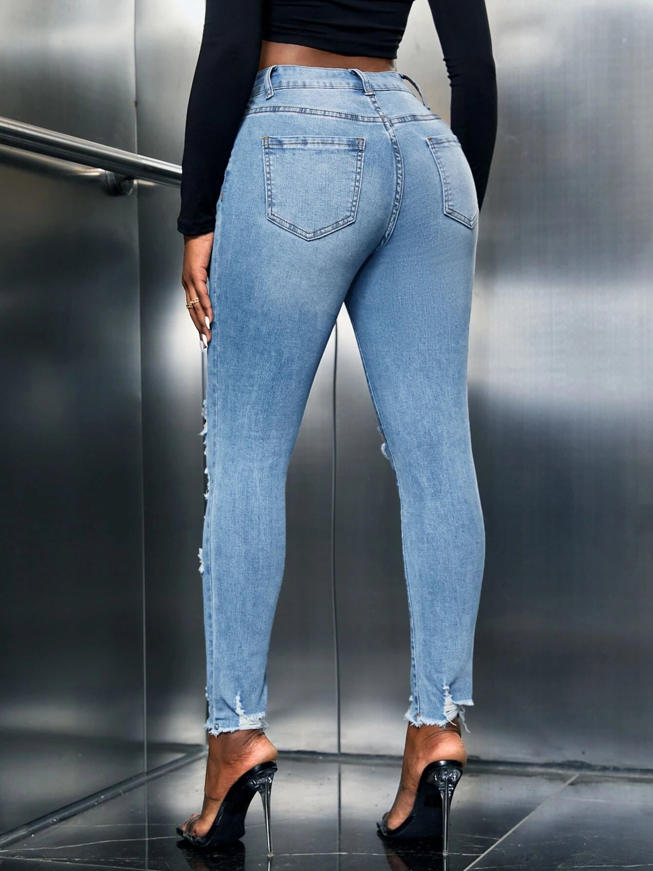 SHEIN SXY Cut Out Ripped Frayed Skinny Jeans Jeans Damripped Jeans for Womenshein Tall Jeans