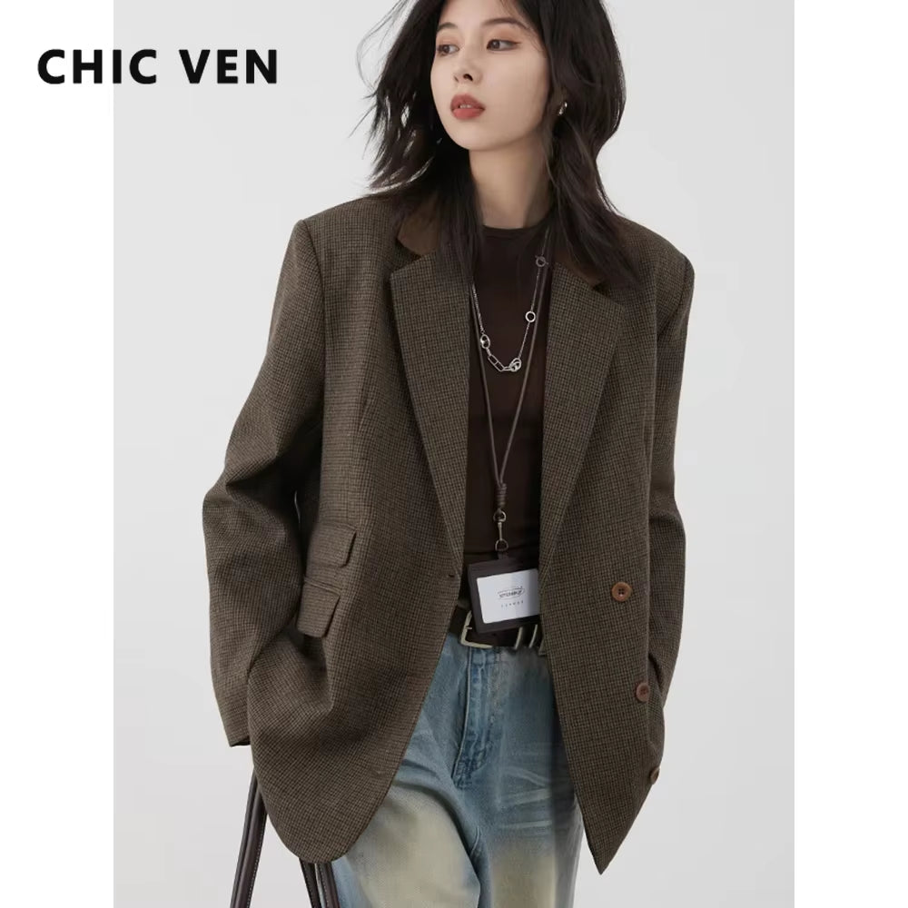 Women'S Woolen Blazer Loose Retro Single Breasted Female Jacket Mid Length Plaid Coat for Woman Autumn Winter 2024
