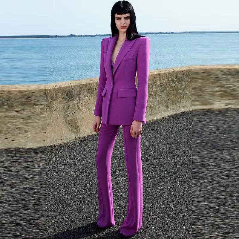 HIGH STREET Newest 2026 Runway Designer Suit Set Women'S Single Button Blazer Flare Pants Suit