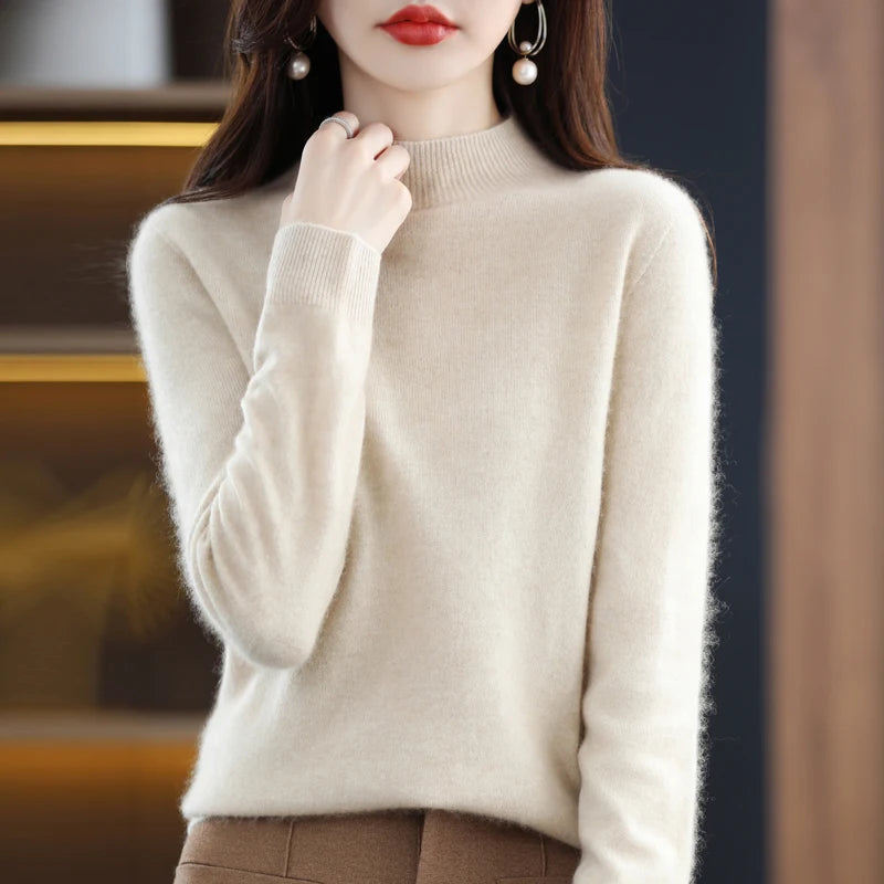 100% Merino Wool Cashmere Sweater Women'S Sweater Semi-High-Necked Long-Sleeved Pullover New Warm Pullover in Autumn and Winter.