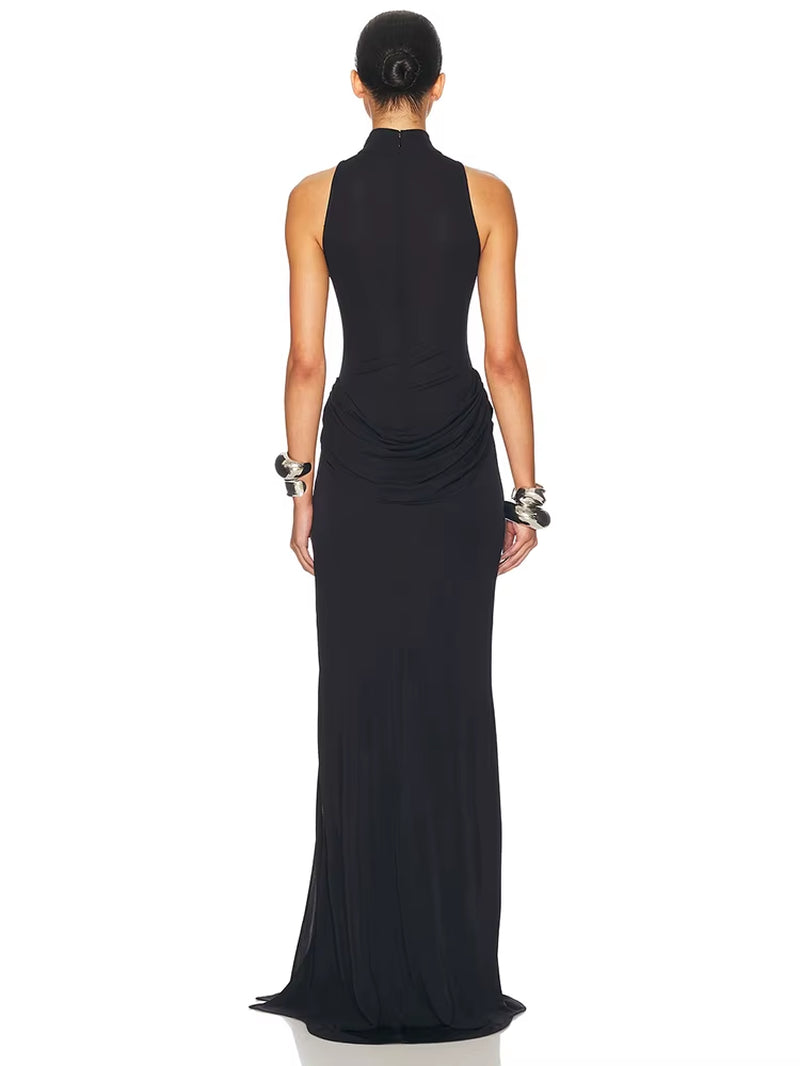 Turtleneck Off-Shoulder Sleeveless Thigh Split High Waist Pleated Maxi Dress for Women Elegant Fashion Club Party Dress