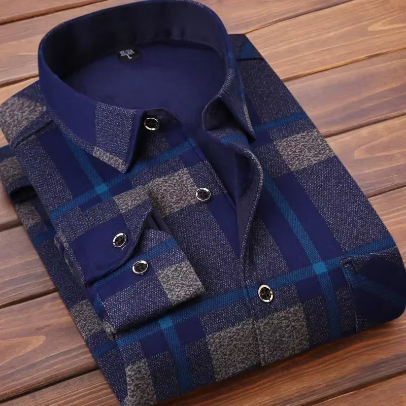2025 Men'S Winter Warm Long Sleeve Plaid Shirts Flannel Fur Lined Thick Formal Shirts Fleece Casual Shirt for Men Dress Shirts