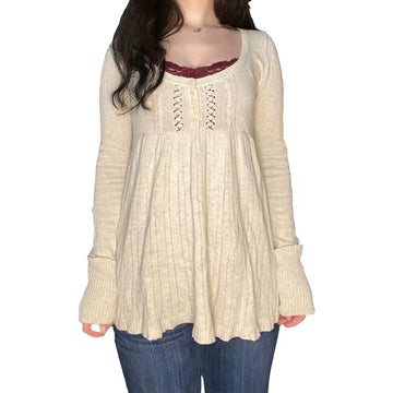 2000S Vintage Long Sleeve Babydoll Knitted Sweater Tops Cottage Milkmaid Pullovers Aesthetic Grunge Y2K Knitwear T-Shirts Women