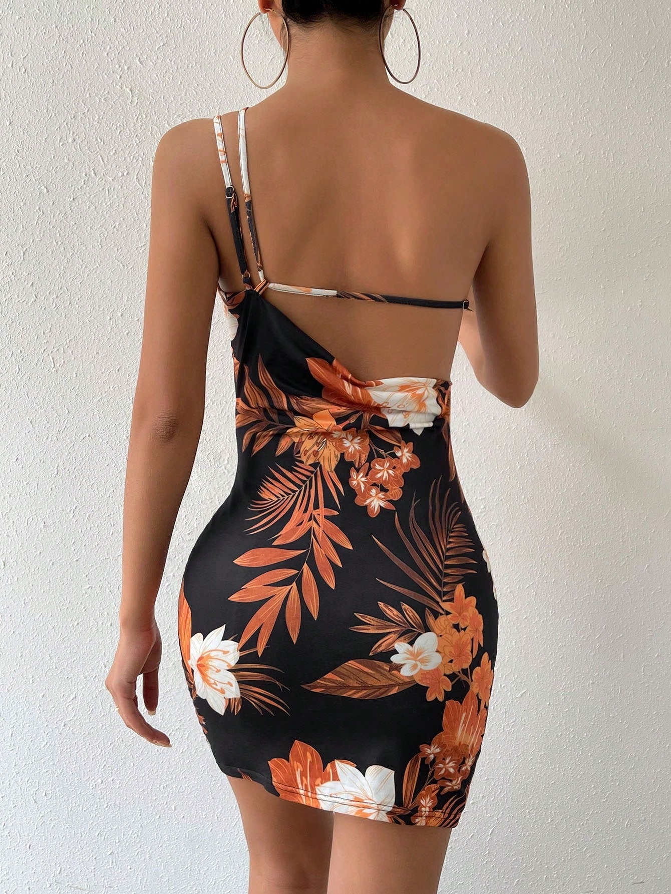 VCAY Tropical Print One Shoulder Split Hem Bodycon Dress