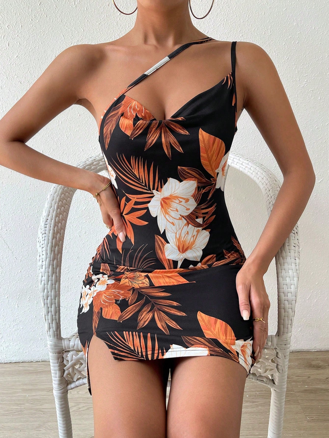 VCAY Tropical Print One Shoulder Split Hem Bodycon Dress